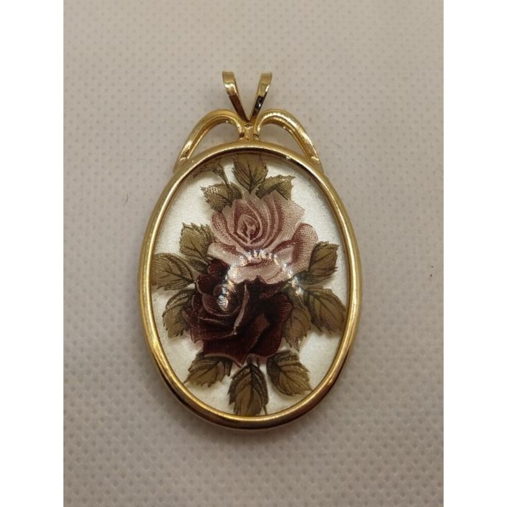 Gold Tone Rose Necklace Burgundy Pink Ro